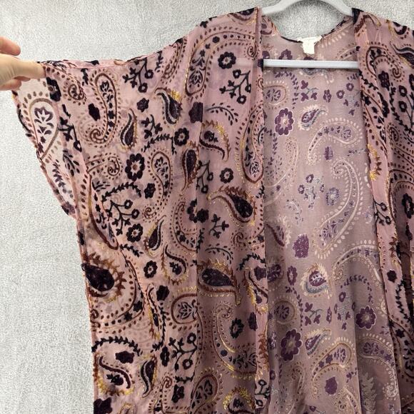 Japna Cardigan S Burn-Out Burgundy Gold Rose Paisley Floral Open Front Tassel - Picture 5 of 8